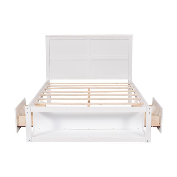 Full Size Platform Bed with Drawer on the Each Side and Shelf on the End of the Bed, White