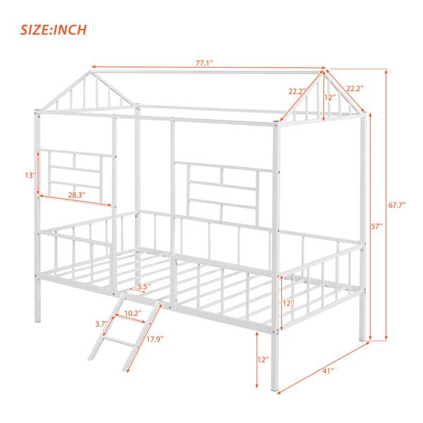 Metal House Bed Frame Twin Size with Slatted Support No Box Spring Needed White