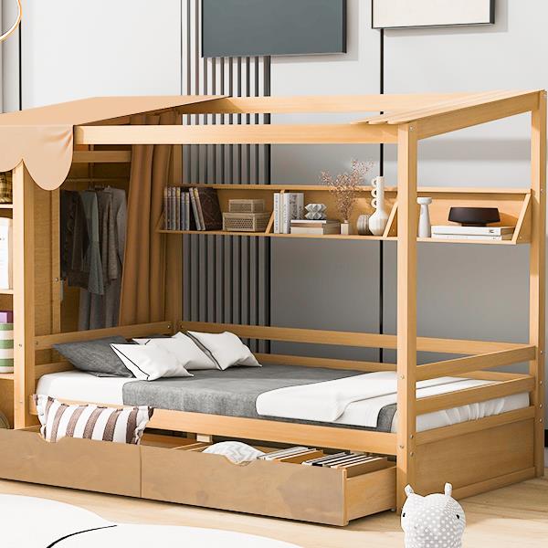 Twin size House Bed with Two Drawers and Wardrobe,Natural