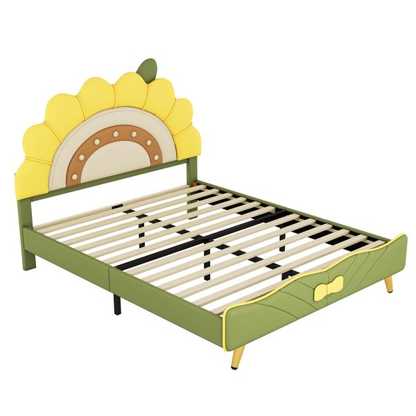 Full Size Upholstered Platform Bed with Sunflower Shaped Headboard, Green