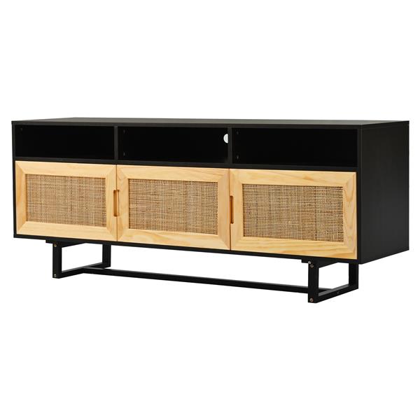 Retro Rattan Console Table 3-door TV Stand Media Console with Open Shelves for TV Stand under 75''(Espresso)