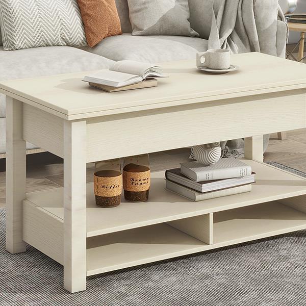 [VIDEO provided] Lift Top Coffee Table, Multi-Functional Coffee Table with Open Shelves, Modern Lift Tabletop Dining Table for Living Room, Home Office, Rustic Ivory