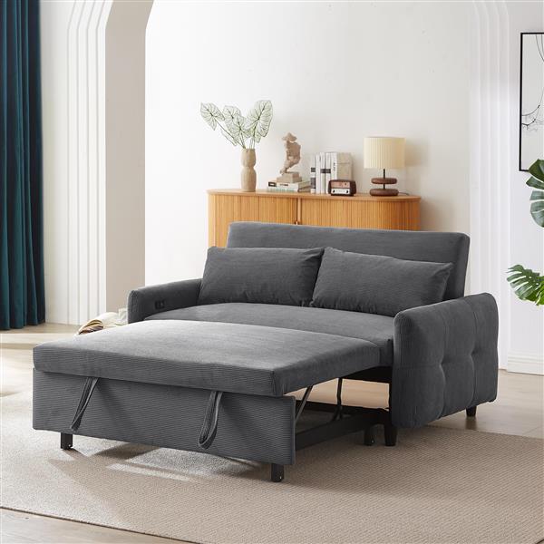 57.48" Pull-out Sofa Bed Convertible Couch 2 Seat Loveseat Sofa Modern Sleeper Sofa with Two Throw Pillows and USB Ports for Living Room, Dark Grey