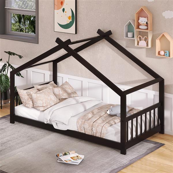 Twin Size House Bed Wood Bed, Espresso