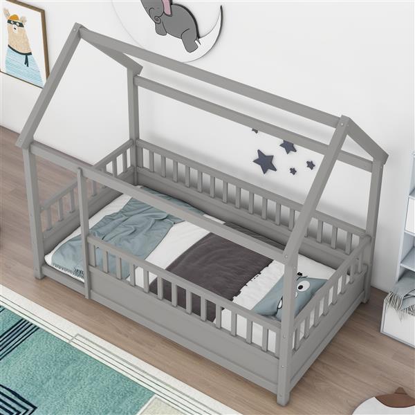 Twin Size Floor Wooden Bed with House Roof Frame, Fence Guardrails,Grey