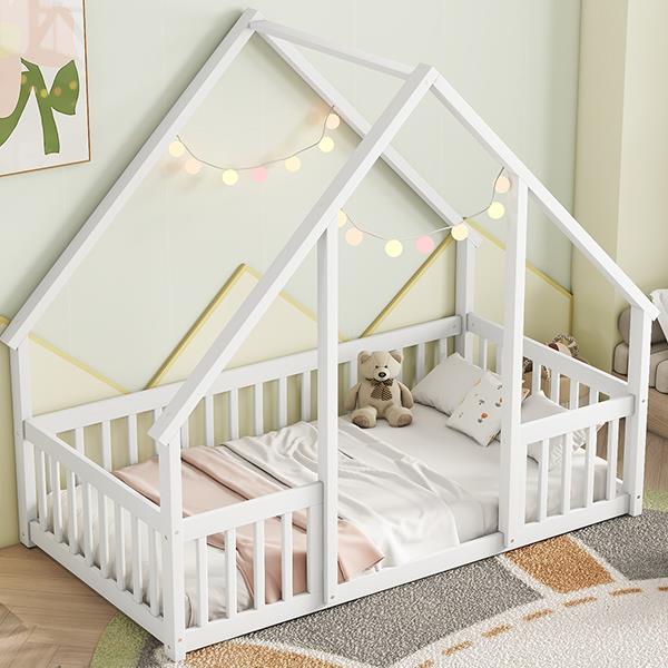 Twin Wood House-Shaped Floor Bed with Fence, Guardrails ,White