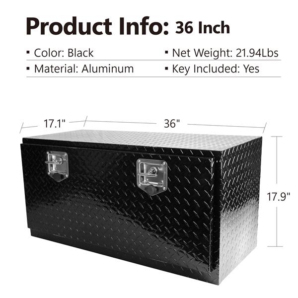 36 inch Heavy Duty Black Aluminum Tread Tool Box Truck Trailer Underbody Storage+Locks With T-Handle Latch Key 36"(36"×17.1"×17.9")