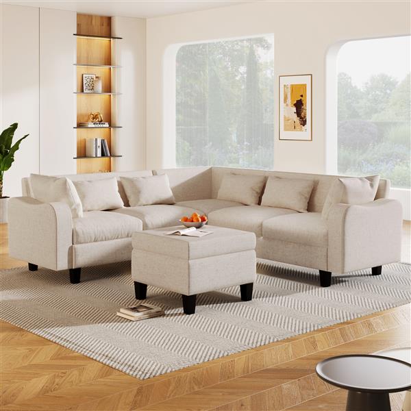 [New]87" Modern Sectional Sofa with coffee table,6-Seat Couch Set with Storage Ottoman,Various Combinations,L-Shape Indoor Furniture with Unique Armrests for Living Room,Apartment, 2 Colors(6 pillows)