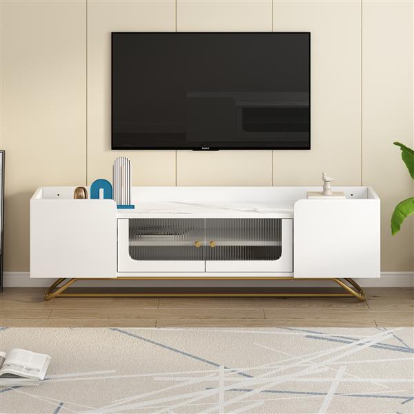 Sleek Design TV Stand with Fluted Glass, Contemporary Entertainment Center for TVs Up to 70", Faux Marble Top TV Console Table with Gold Frame Base, White