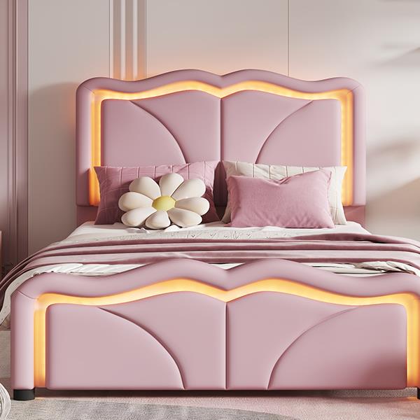 Twin Size Upholstered Platform Bed with Curve Shaped and Height-adjustbale Headboard,LED Light Strips,Pink