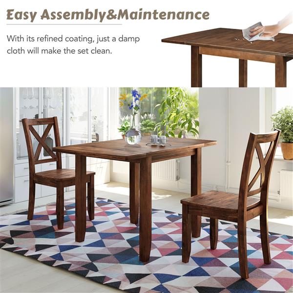 3-Piece Wood Drop Leaf Breakfast Nook Dining Table Set with 2 X-back Chairs for Small Places, Brown