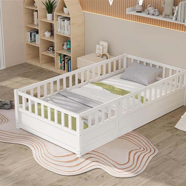 Twin Size Floor bed, integral construction with super high security barrier, door, children's floor bed frame, Montessori wooden children's floor bed, Support slat white