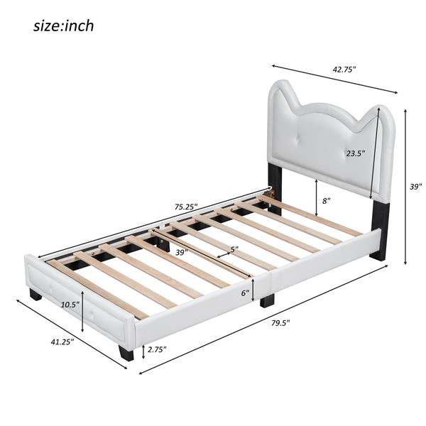 Twin Size Upholstered Platform Bed with Carton Ears Shaped Headboard, White