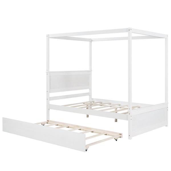 Wood Canopy Bed with Trundle Bed ,Full Size Canopy Platform bed With  Support Slats .No Box Spring Needed, Brushed White