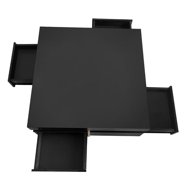 Modern High Gloss Coffee Table with 4 Drawers, Multi-Storage Square Cocktail Tea Table with Wood Grain Legs, Center Table for Living Room, 31.5''x31.5'', Black