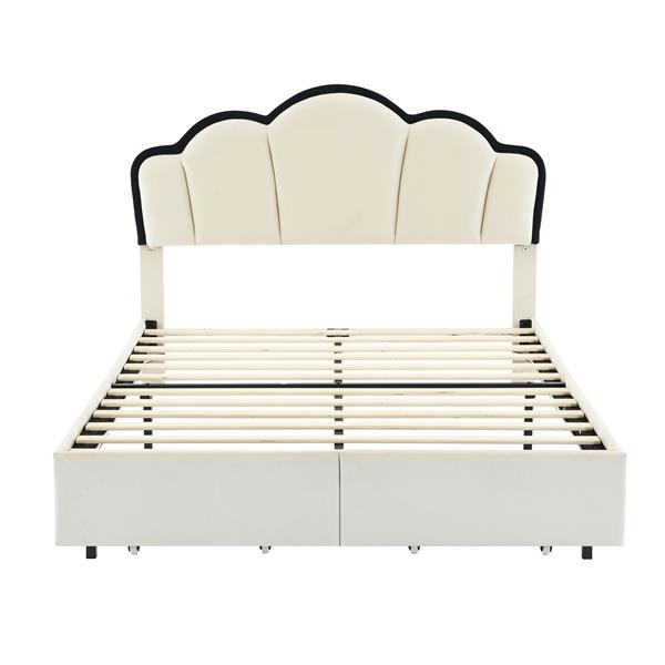 Full Size Upholstered Princess Platform Bed with LED and 2 Storage Drawers, Beige