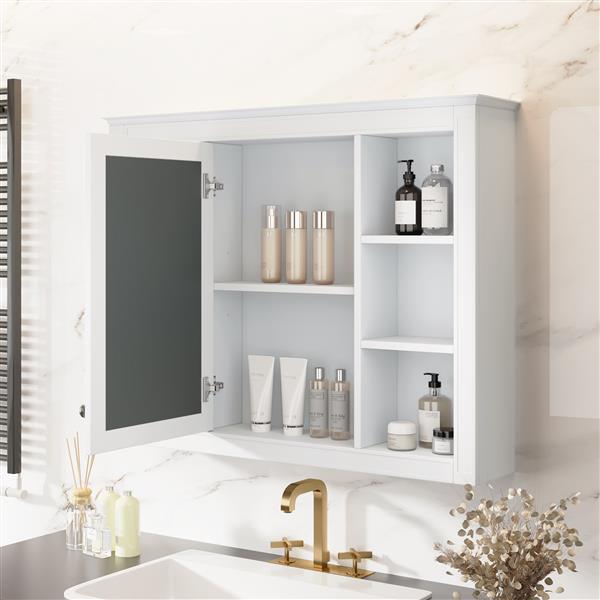 35'' x 27.5'' Medicine Cabinet, Wall Mounted Bathroom Storage Cabinet, Modern Bathroom Wall Cabinet with Mirror, Mirror Cabinet with 6 Open Shelves (Not Include Bathroom Vanity )