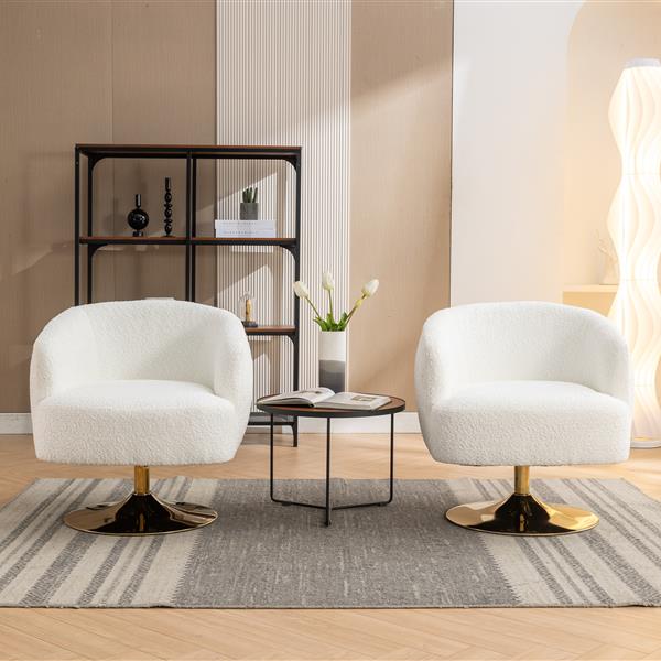 048-Chenille Fabric Swivel Chair With Gold Metal Round Base,White