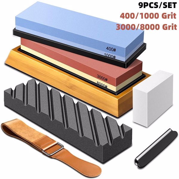 9PCS Wet Stones Sharpeners Set with Non Slip Bamboo 400/1000 3000/8000 Base