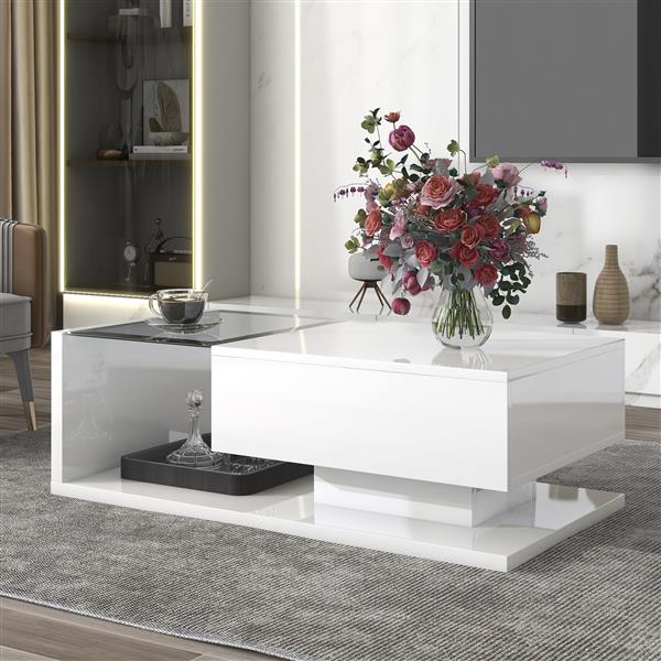 [VIDEO provided] Modern Coffee Table with Tempered Glass, Wooden Cocktail Table with High-gloss UV Surface, Modernist 2-Tier Rectangle Center Table for Living Room, White