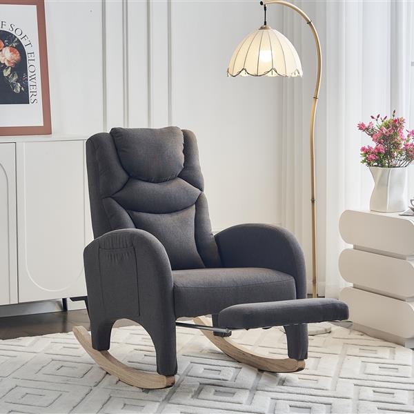 052-Cotton Linen Fabric Nursery Rocking Chair With Adjustable Footrest,Dark Gray