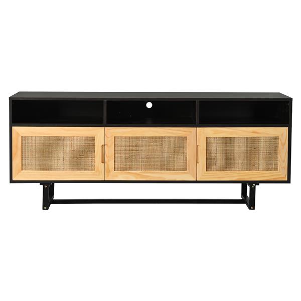 Retro Rattan Console Table 3-door TV Stand Media Console with Open Shelves for TV Stand under 75''(Espresso)