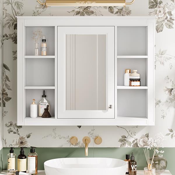 35'' x 27.5'' Medicine Cabinet, Wall Mounted Bathroom Storage Cabinet, Modern Bathroom Wall Cabinet with Mirror, Mirror Cabinet with 6 Open Shelves (Not Include Bathroom Vanity )