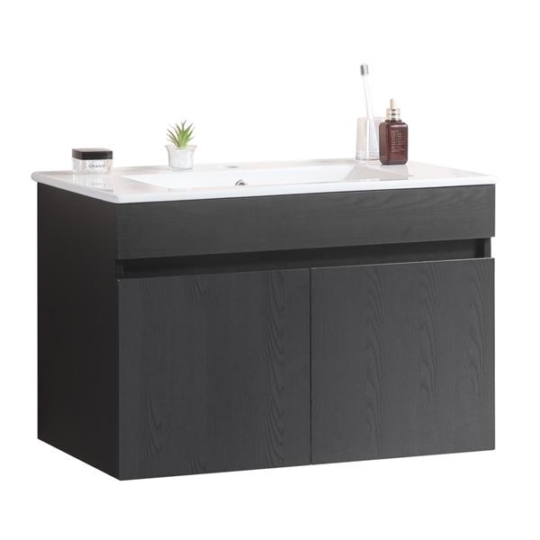 30 Inch Wall Mounted Bathroom Vanity with White Ceramic Basin,Two Soft  Close Cabinet Doors, Solid Wood,Excluding faucets,black