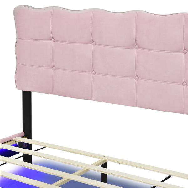 Queen Size Velvet Platform Bed with LED Frame and Stylish Mental Bed Legs, Pink