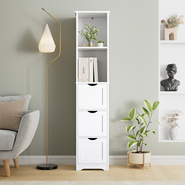 Bathroom Tall Storage Cabinet, Slim Free Standing Cabinet with 3 Drawers and 2 Shelves,Floor Cabinet for Small Space, 11.8" D x 12.6" W x 57.5" H, White 