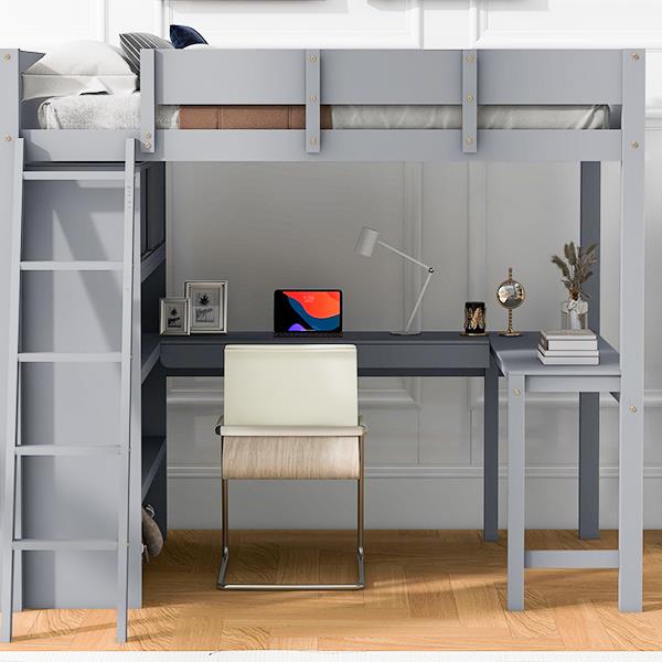 Full Size Loft Bed with Desk and Shelf - Gray