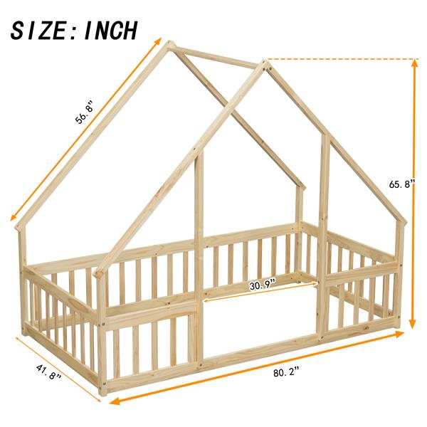 Twin Wood House-Shaped Floor Bed with Fence, Guardrails ,Natural