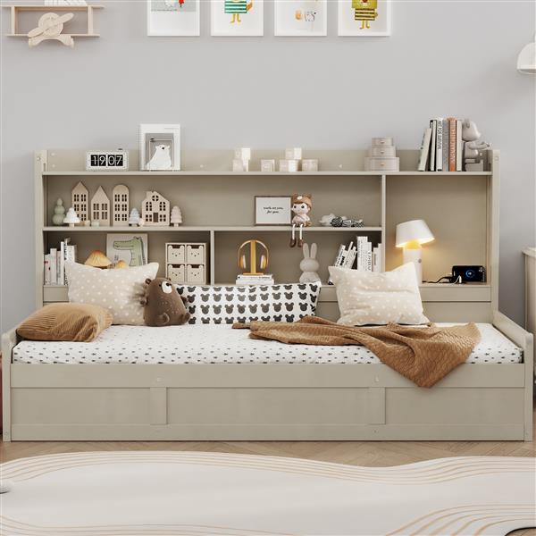 Twin Size Daybed Frame with Storage Bookcases and Underneath Storage, USB Charging Station, Gray