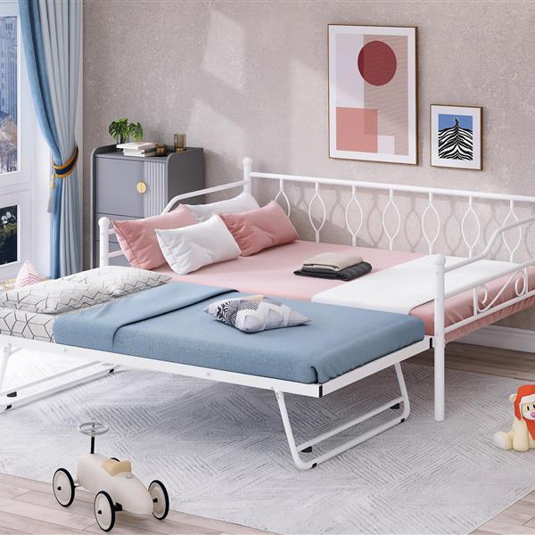 Full Size Metal Daybed with Twin Size Adjustable Trundle, Portable Folding Trundle, White