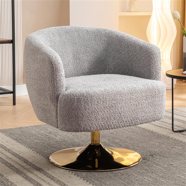 048-Chenille Fabric Swivel Chair With Gold Metal Round Base,Light Gray