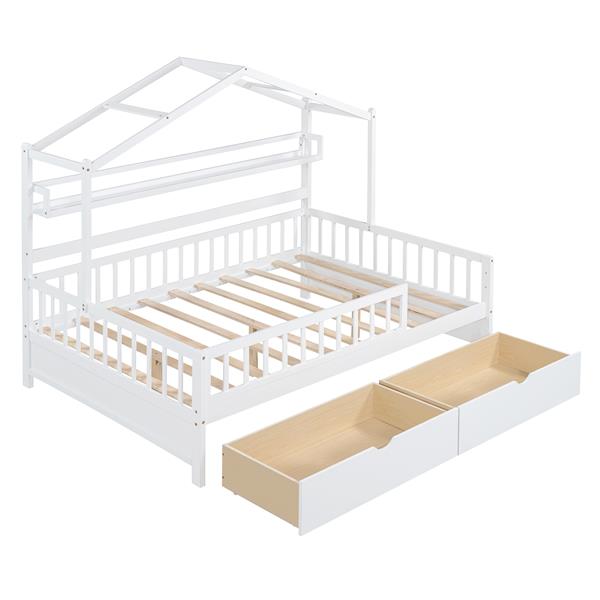 Wooden Full Size House Bed with 2 Drawers,Kids Bed with Storage Shelf, White