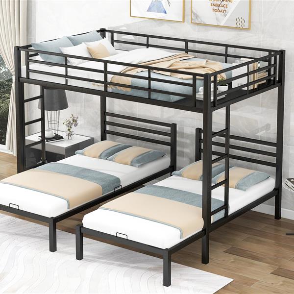 Full over Twin&Twin Size Bunk Bed with Built-in Shelf, Black