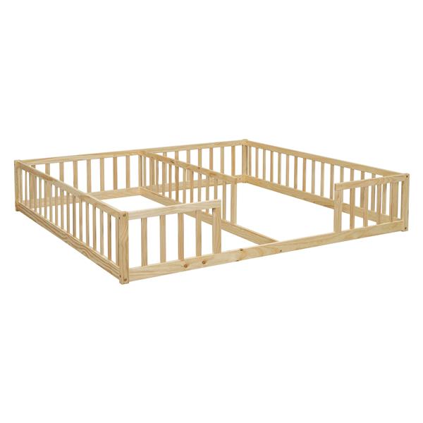 Double Twin Floor Bed with Fence, Guardrails, without door, Natural