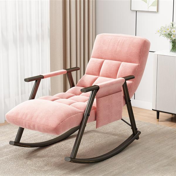 Casual folding rocking chair upholstered, lounge rocking chair adjustable high back and foot rest,side pockets placed in living room bedroom balcony