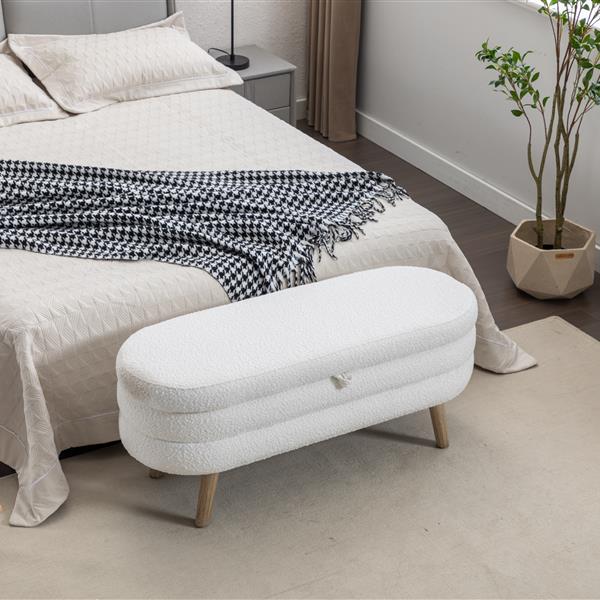 036-Boucle Fabric Storage Bench Bedroom Bench With Wood Legs For Living Room Bedroom Indoor,Ivory