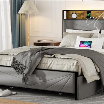 Queen Size Bed Frame with 4 Storage Drawers and 2 USB Ports, Upholstered Platform Bed Frame with Storage Headboard Charging Station and metal Slat Support, No Box Spring Needed, Dark Grey.