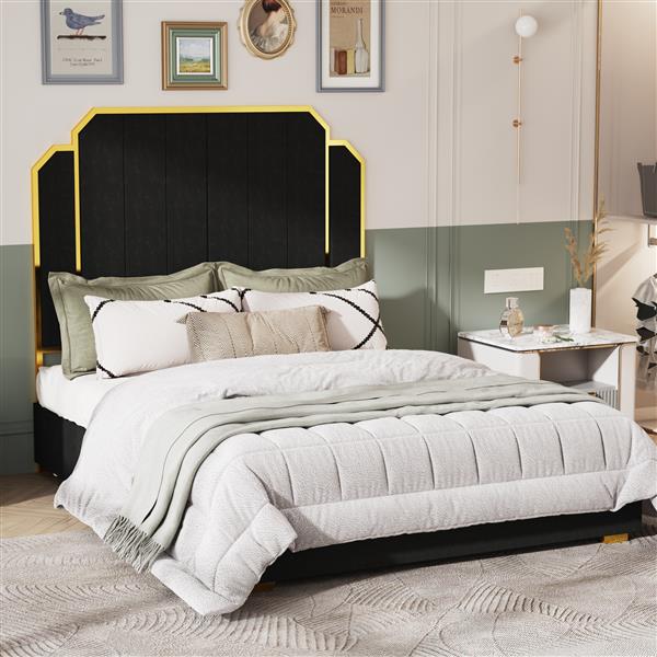 Queen Size Bed Frame and 59.06" Headboard, Upholstered Bed with lden Plating Trim, Modern Platform Bed No Box Spring Needed, Black