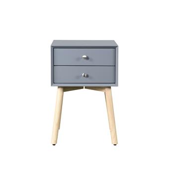 Side Table,Bedside Table with 2 Drawers and Rubber Wood Legs, Mid-Century Modern Storage Cabinet for Bedroom Living Room, Gray