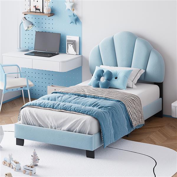 Twin Size Upholstered Velvet Platform Bed with Shell-Shaped Headboard, Blue