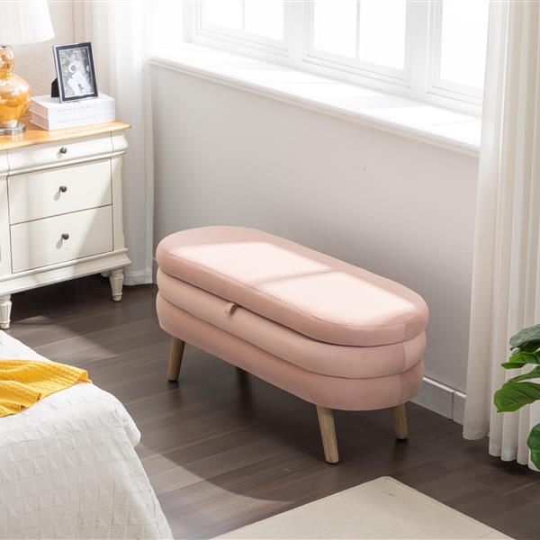 036-Velvet Fabric Storage Bench Bedroom Bench With Wood Legs For Living Room Bedroom Indoor,Light Pink