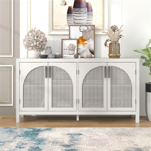 Large Storage Space Sideboard with Artificial Rattan Door and Metal Handles for Living Room and Entryway (White)