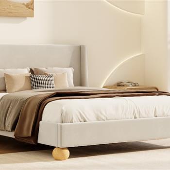 Modern Velvet Upholstered Platform Bed with Wingback Headboard and Round Wooden Legs, Cream,King Size