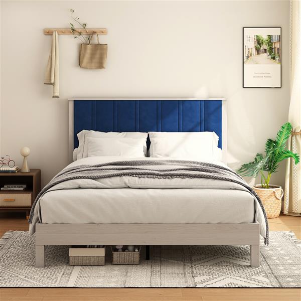 Queen Bed Frame, Wood with Wood Headboard Bed Frame with upholstered headboard /  Wood Foundation with Wood Slat Support / No Box Spring Needed / Easy Assembly