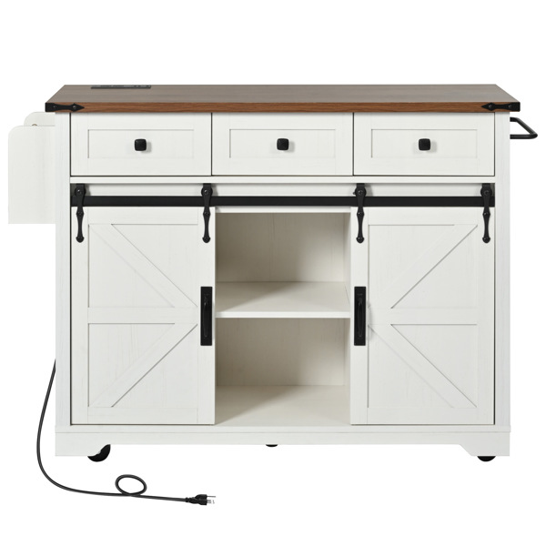  53.7" Farmhouse Kitchen Island with Power Outlet, 2 Sliding Barn Door Kitchen Storage Island with Drop Leaf, Spice Rack Rolling Kitchen Cart on Wheels, for Home, Kitchen and Dining Room, White