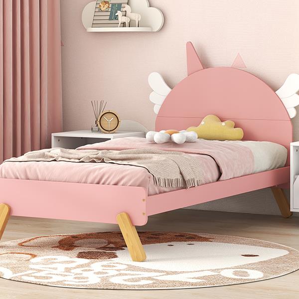 Wooden Cute Bed With Unicorn Shape Headboard,Twin Size Platform Bed,Pink